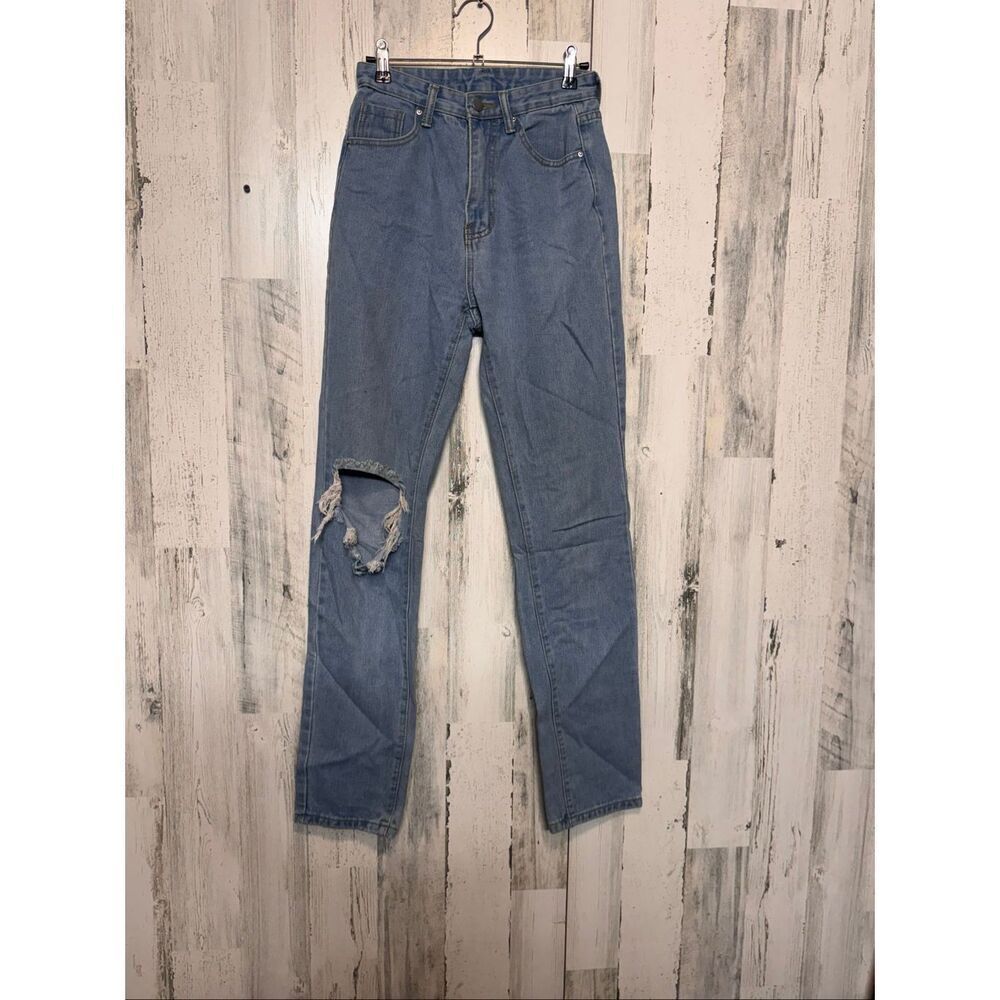 Shein XS High Rise Blue Skinny Jeans Distressed Knee Stretch Denim